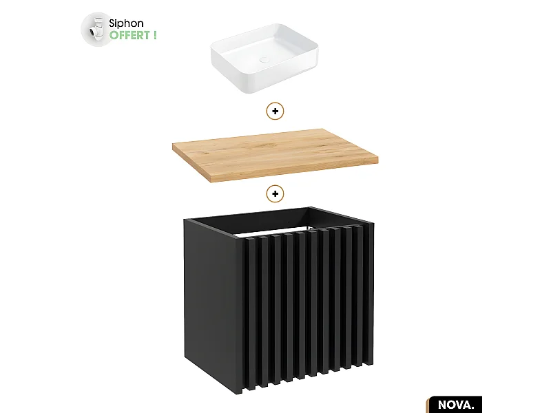 Ensemble meuble sous vasque avec vasque à poser - Siphon OFFERT | NOVA | OAK | 60 x 56 x 45 cm