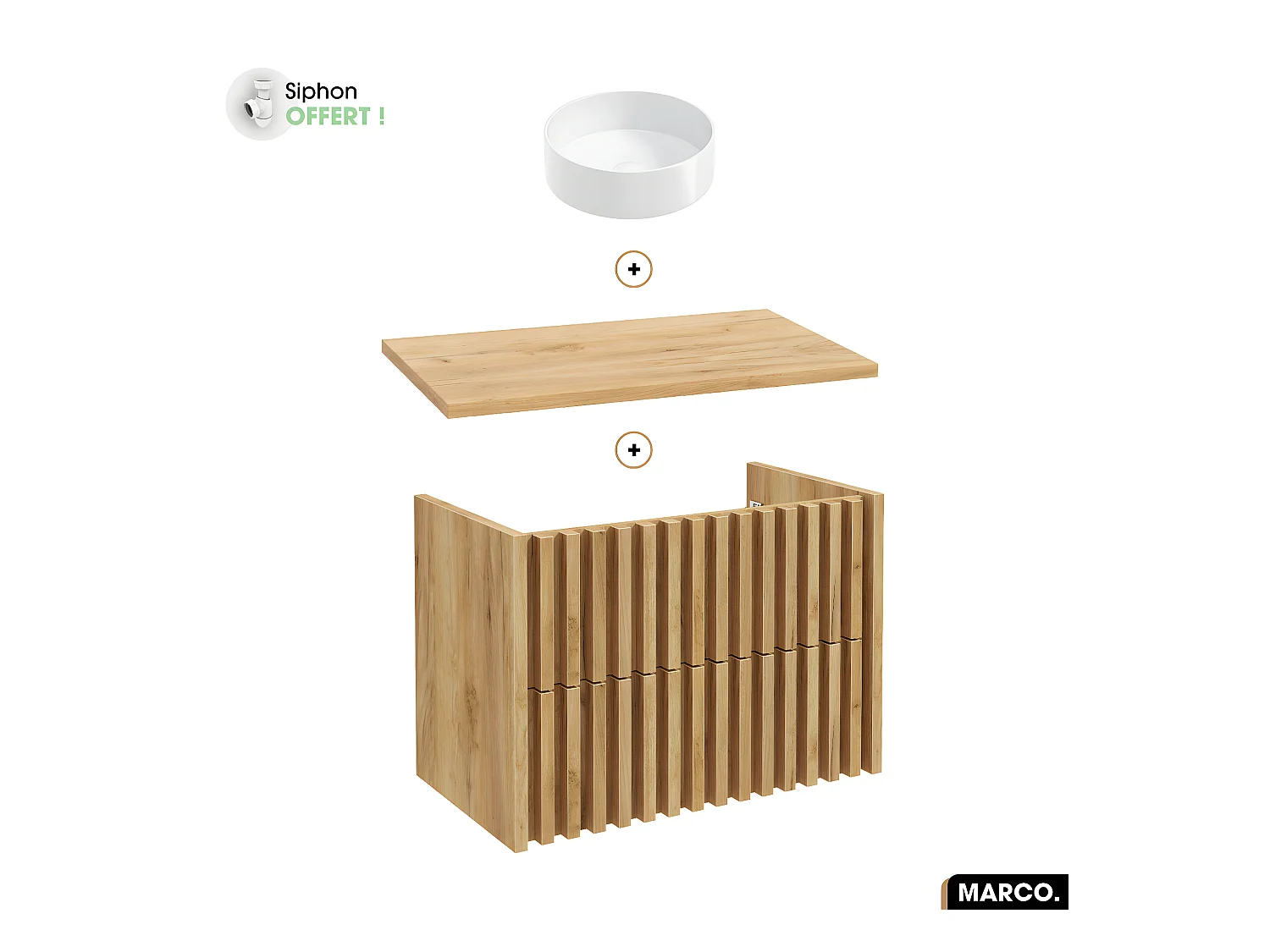 Ensemble meuble sous vasque avec vasque à poser - Siphon OFFERT | MARCO | OAK | 80 x 56 x 45 cm