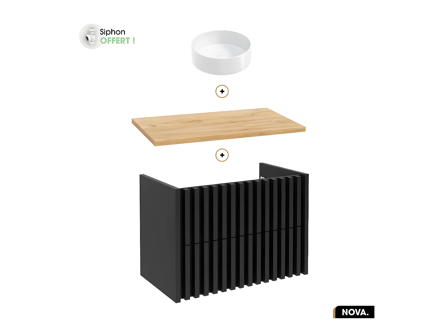 Ensemble meuble sous vasque avec vasque à poser - Siphon OFFERT | NOVA | OAK | 80 x 56 x 45 cm