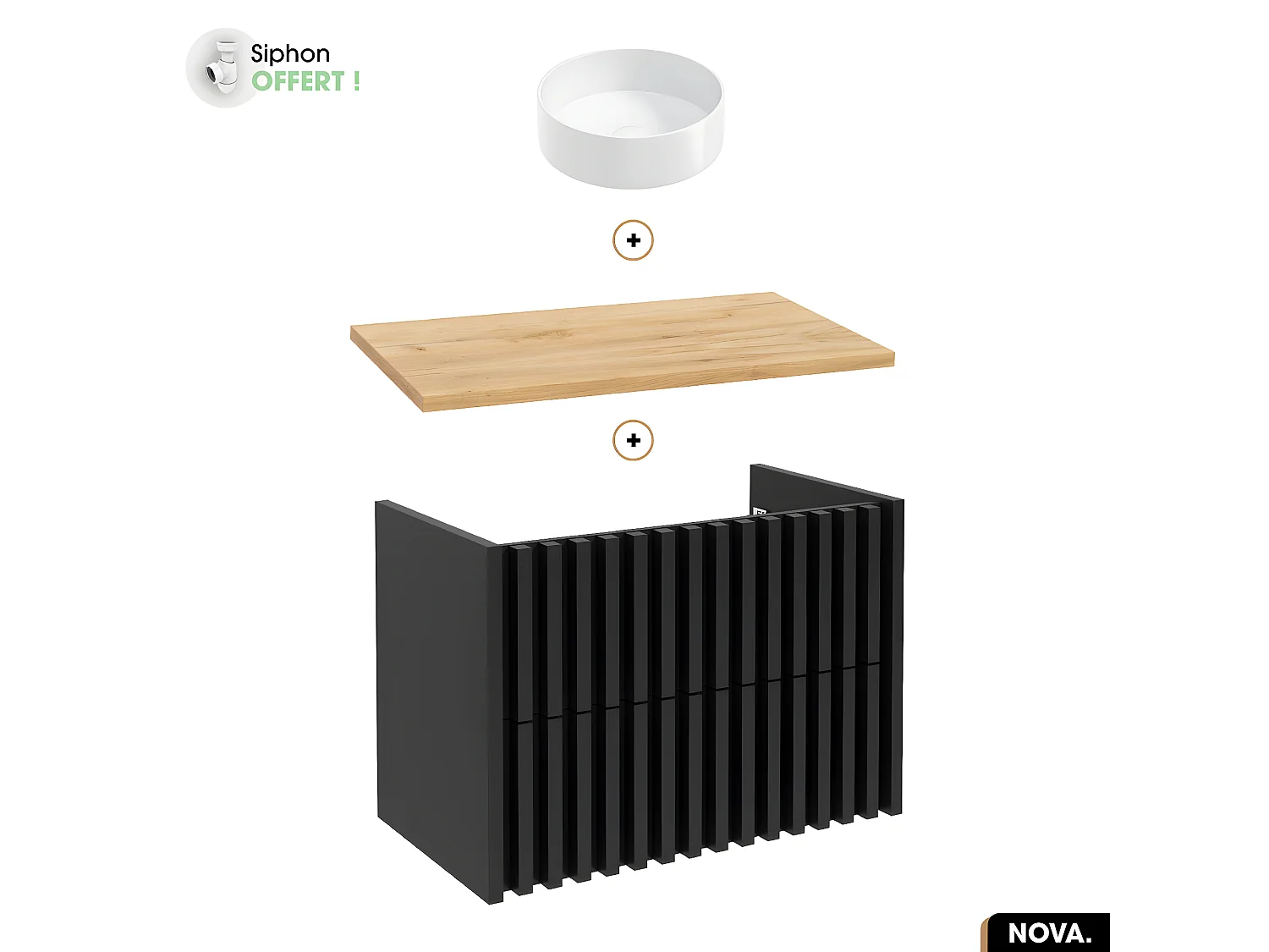 Ensemble meuble sous vasque avec vasque à poser - Siphon OFFERT | NOVA | OAK | 80 x 56 x 45 cm