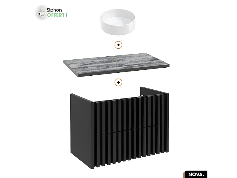 Ensemble meuble sous vasque avec vasque à poser - Siphon OFFERT | NOVA | NOIR | 80 x 56 x 45 cm