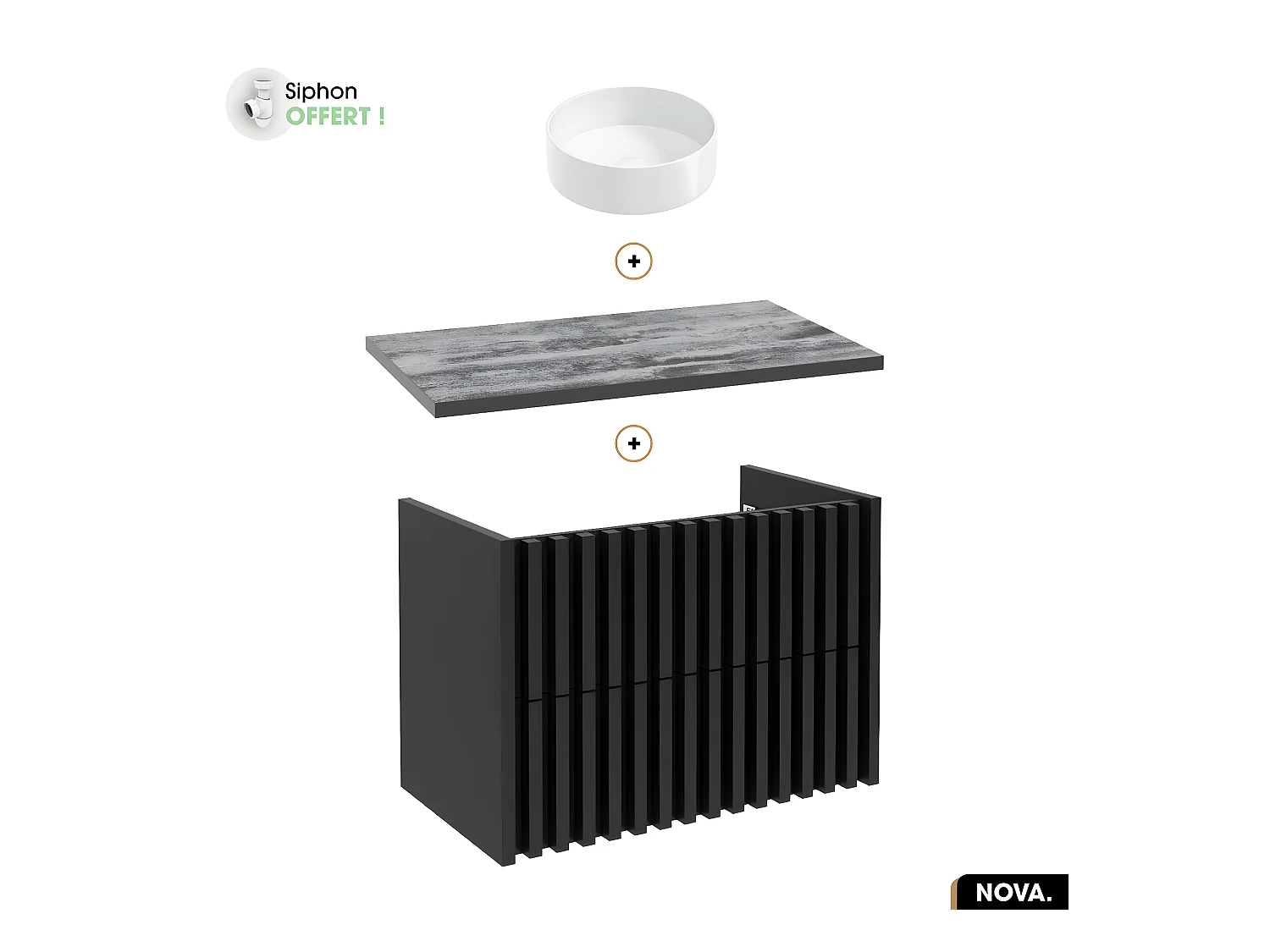 Ensemble meuble sous vasque avec vasque à poser - Siphon OFFERT | NOVA | NOIR | 80 x 56 x 45 cm