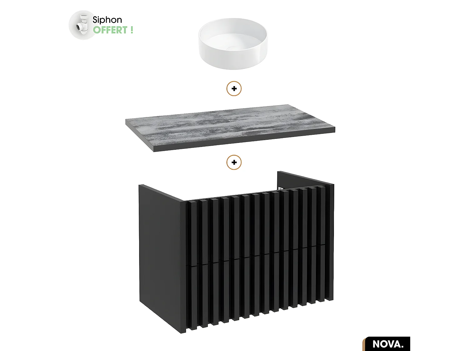 Ensemble meuble sous vasque avec vasque à poser - Siphon OFFERT | NOVA | NOIR | 80 x 56 x 45 cm