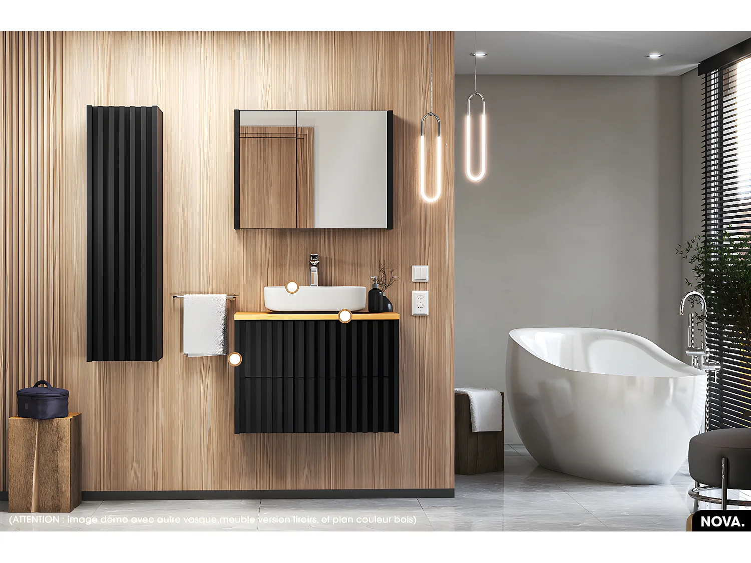 Ensemble meuble sous vasque avec vasque à poser - Siphon OFFERT | NOVA | NOIR | 80 x 56 x 45 cm