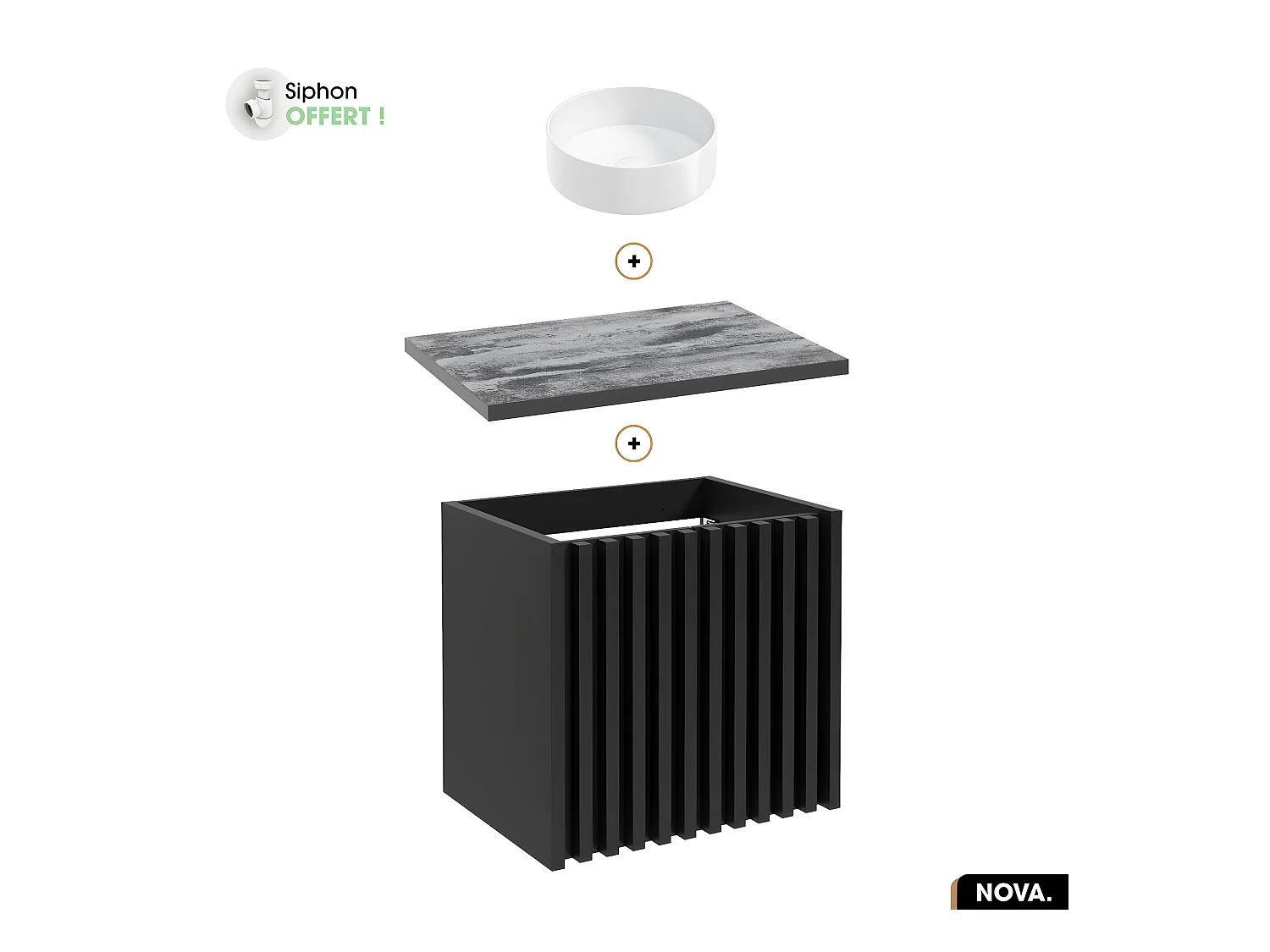Ensemble meuble sous vasque avec vasque à poser - Siphon OFFERT | NOVA | NOIR | 60 x 56 x 45 cm