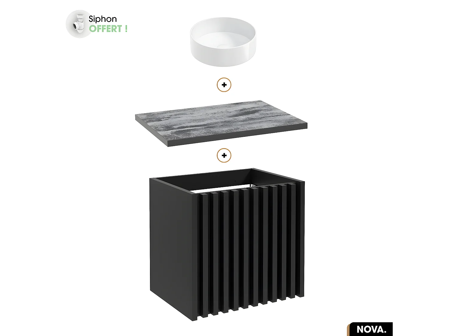Ensemble meuble sous vasque avec vasque à poser - Siphon OFFERT | NOVA | NOIR | 60 x 56 x 45 cm