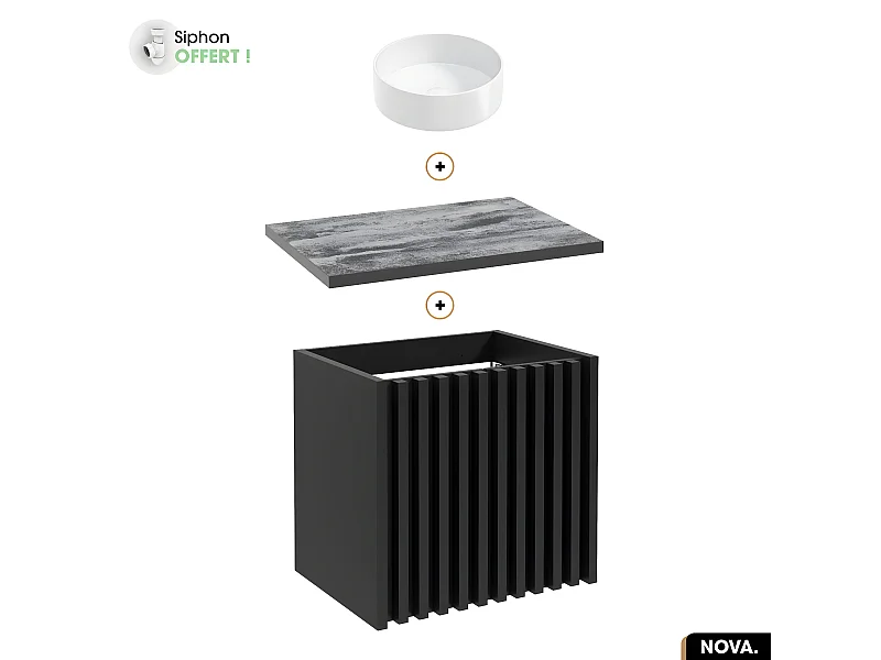 Ensemble meuble sous vasque avec vasque à poser - Siphon OFFERT | NOVA | NOIR | 60 x 56 x 45 cm