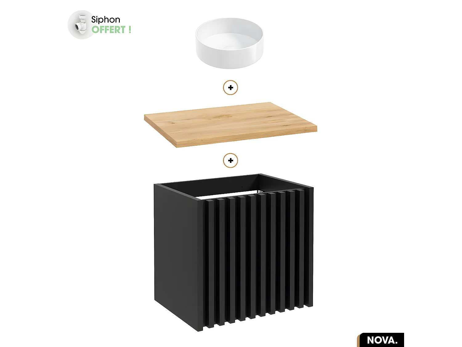 Ensemble meuble sous vasque avec vasque à poser - Siphon OFFERT | NOVA | OAK | 60 x 56 x 45 cm