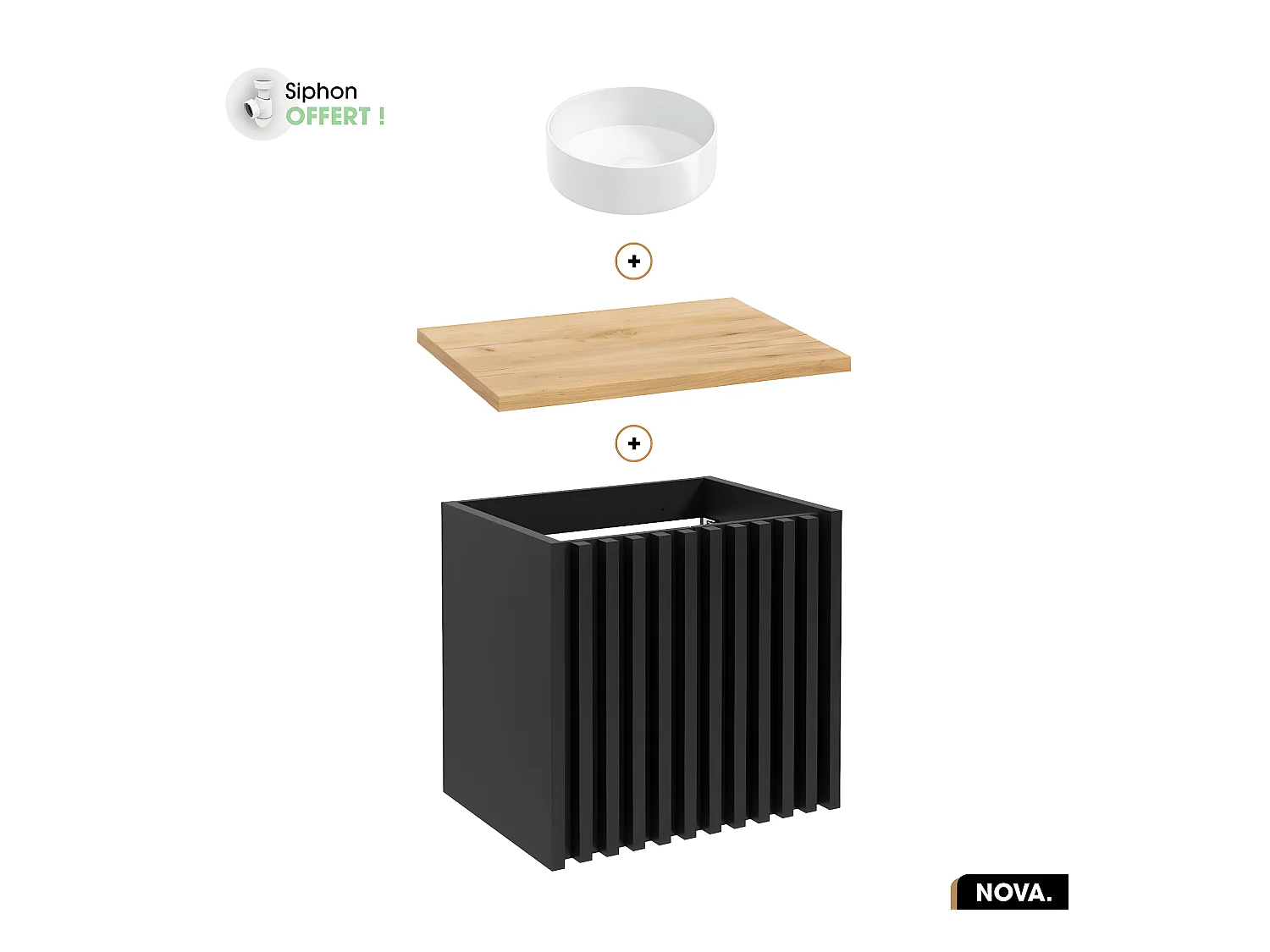 Ensemble meuble sous vasque avec vasque à poser - Siphon OFFERT | NOVA | OAK | 60 x 56 x 45 cm