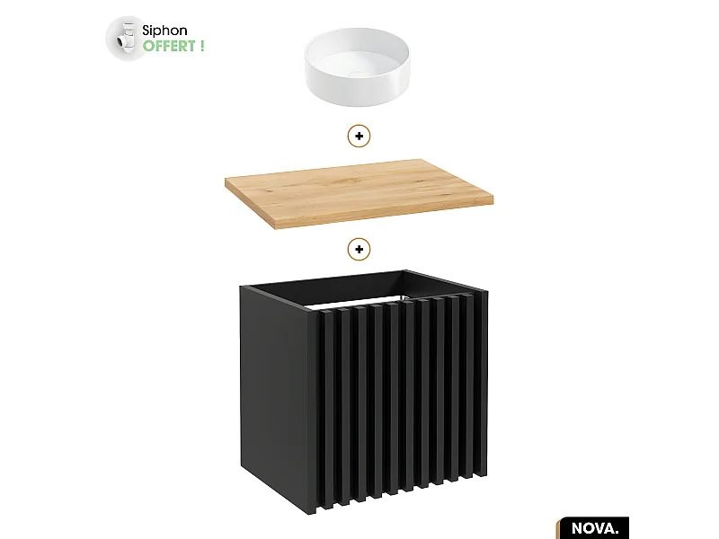 Ensemble meuble sous vasque avec vasque à poser - Siphon OFFERT | NOVA | OAK | 60 x 56 x 45 cm