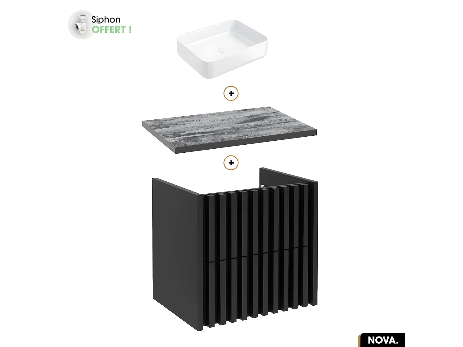 Ensemble meuble sous vasque avec vasque à poser - Siphon OFFERT | NOVA | NOIR | 60 x 56 x 45 cm
