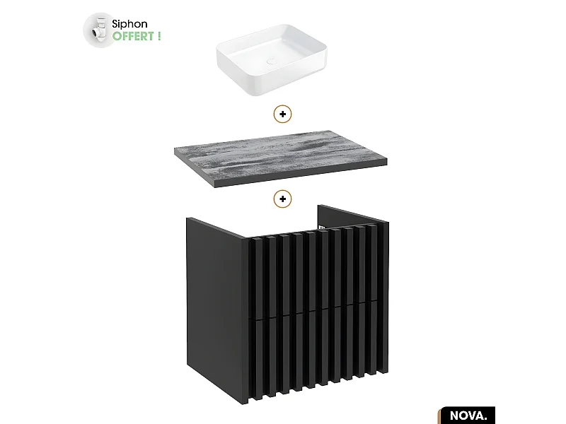 Ensemble meuble sous vasque avec vasque à poser - Siphon OFFERT | NOVA | NOIR | 60 x 56 x 45 cm