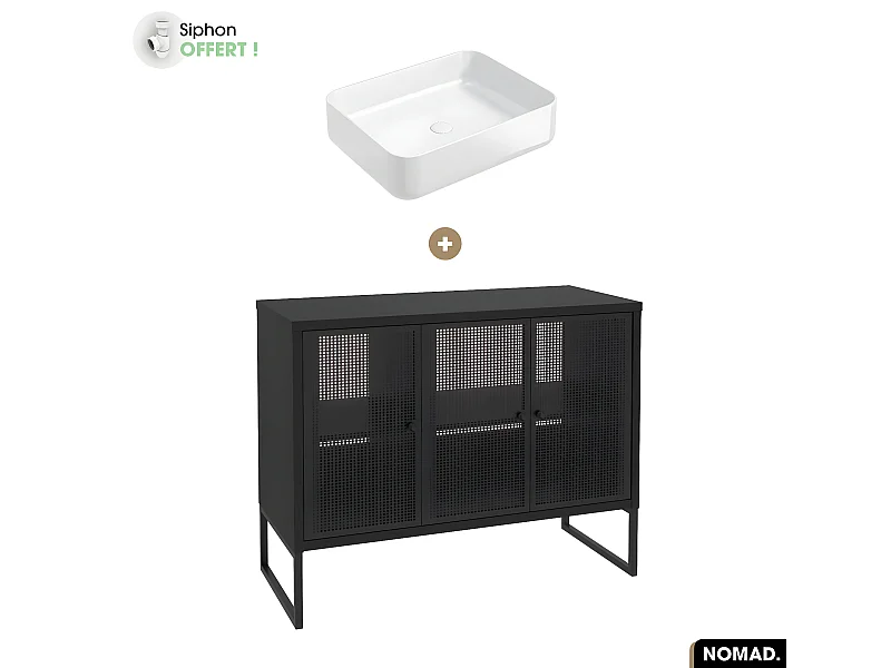 Ensemble meuble sous vasque avec vasque à poser - Siphon OFFERT | NOMAD | NOIR | 102 x 80 x 43 cm