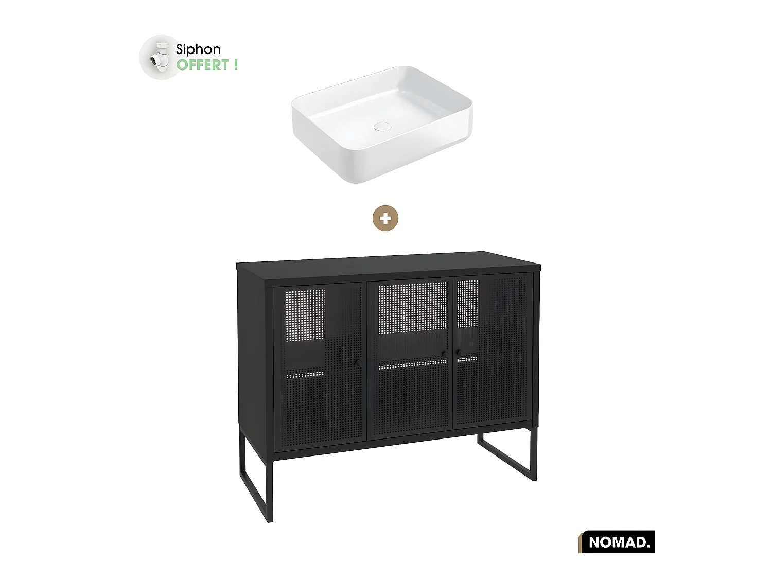 Ensemble meuble sous vasque avec vasque à poser - Siphon OFFERT | NOMAD | NOIR | 102 x 80 x 43 cm