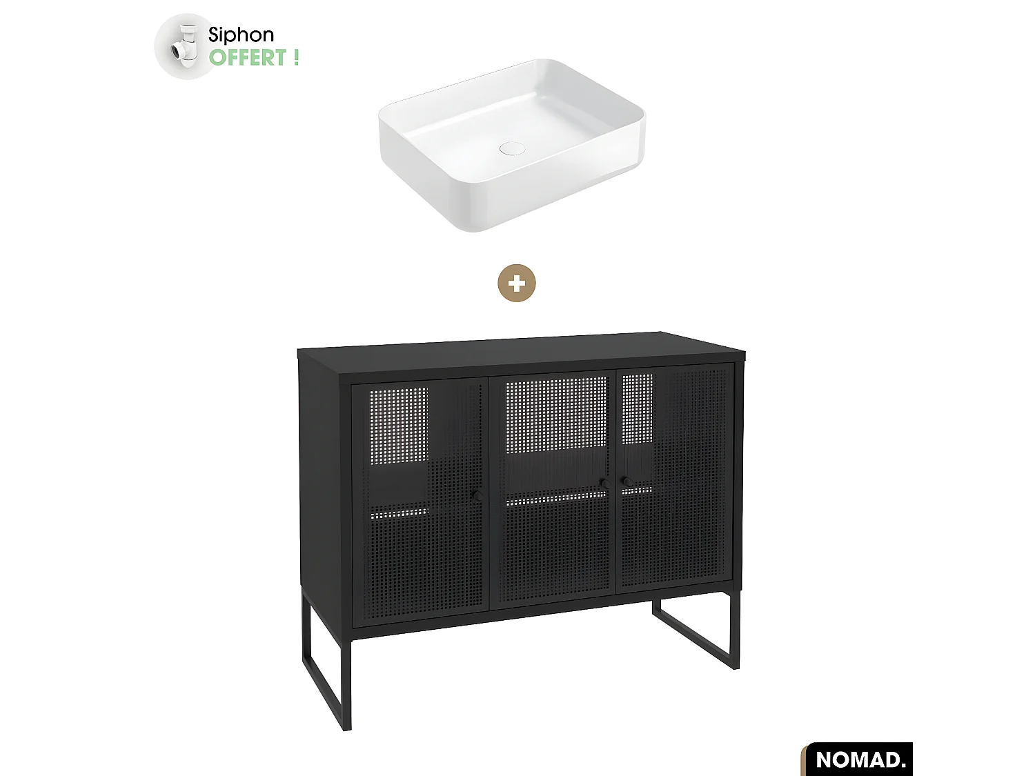 Ensemble meuble sous vasque avec vasque à poser - Siphon OFFERT | NOMAD | NOIR | 102 x 80 x 43 cm