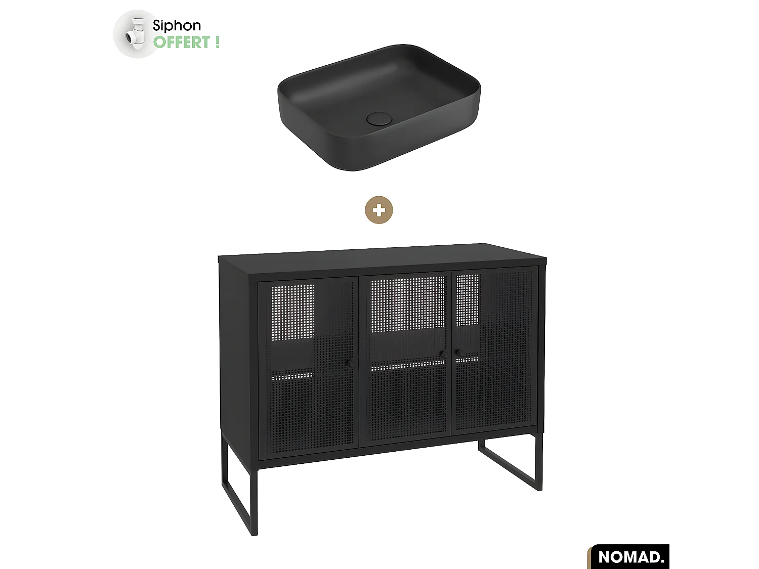 Ensemble meuble sous vasque avec vasque à poser - Siphon OFFERT | NOMAD | NOIR | 102 x 80 x 43 cm