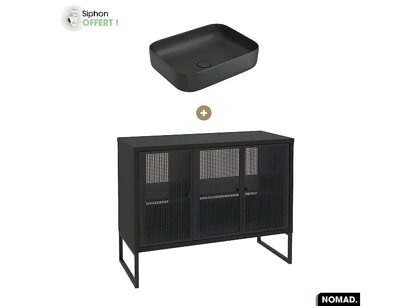 Ensemble meuble sous vasque avec vasque à poser - Siphon OFFERT | NOMAD | NOIR | 102 x 80 x 43 cm