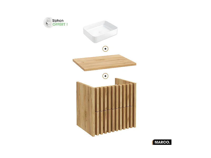 Ensemble meuble sous vasque avec vasque à poser - Siphon OFFERT | MARCO | OAK | 60 x 56 x 45 cm