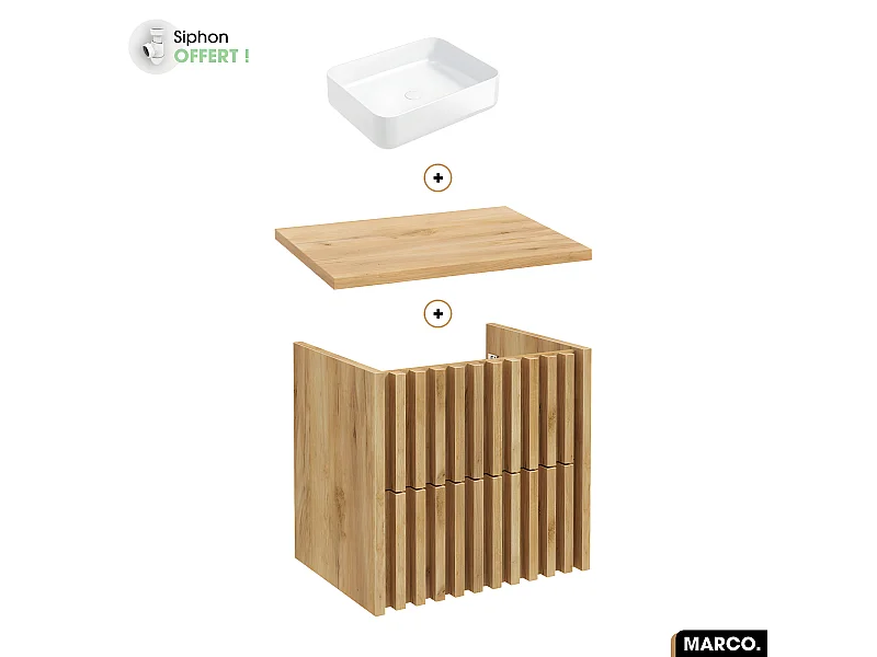 Ensemble meuble sous vasque avec vasque à poser - Siphon OFFERT | MARCO | OAK | 60 x 56 x 45 cm