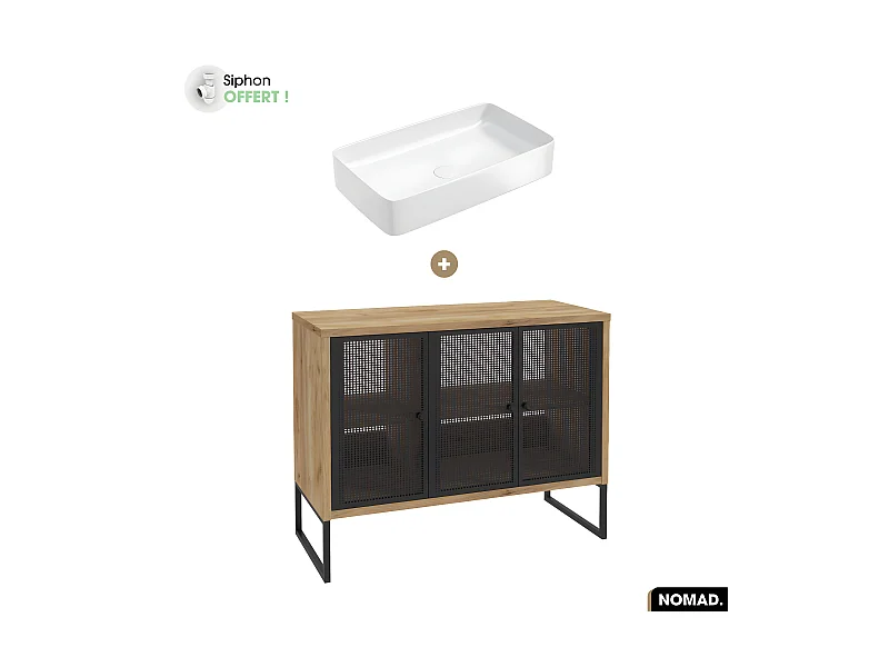Ensemble meuble sous vasque avec vasque à poser - Siphon OFFERT | NOMAD | OAK | 102 x 80 x 43 cm