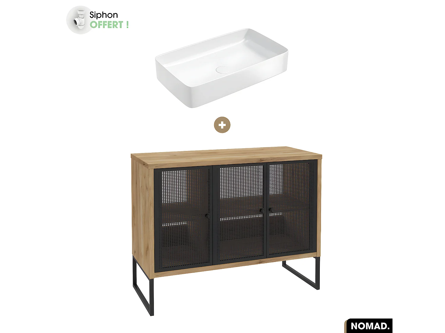 Ensemble meuble sous vasque avec vasque à poser - Siphon OFFERT | NOMAD | OAK | 102 x 80 x 43 cm