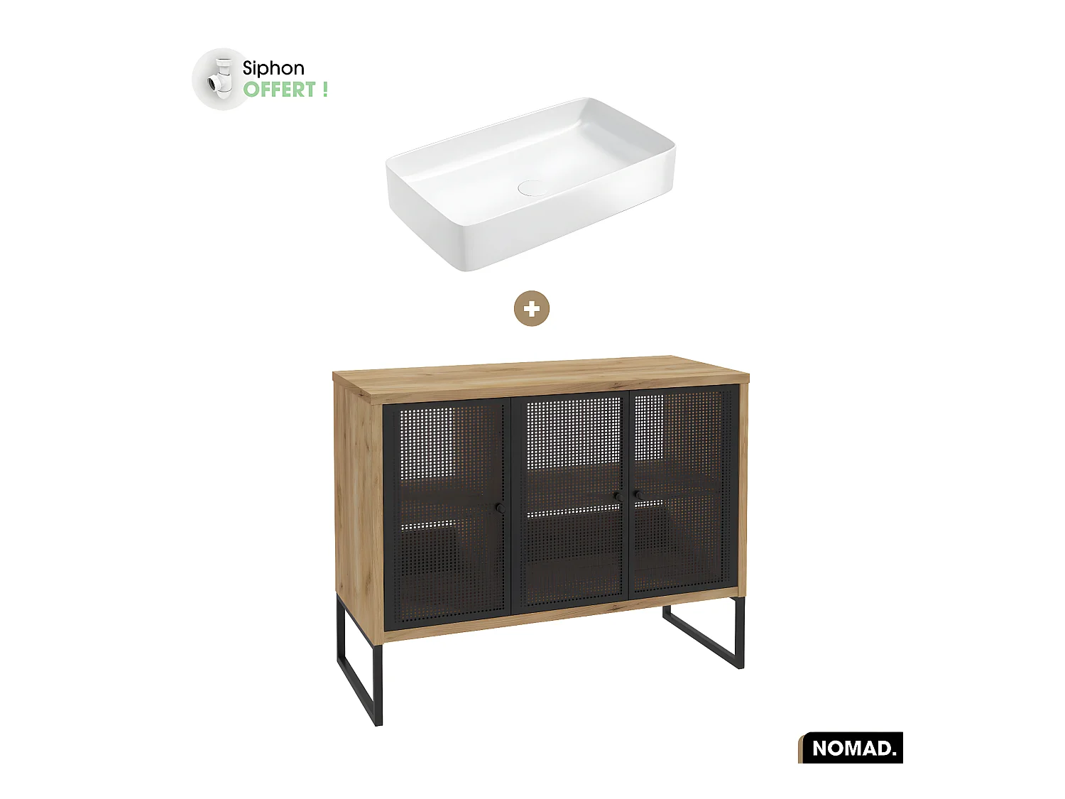 Ensemble meuble sous vasque avec vasque à poser - Siphon OFFERT | NOMAD | OAK | 102 x 80 x 43 cm