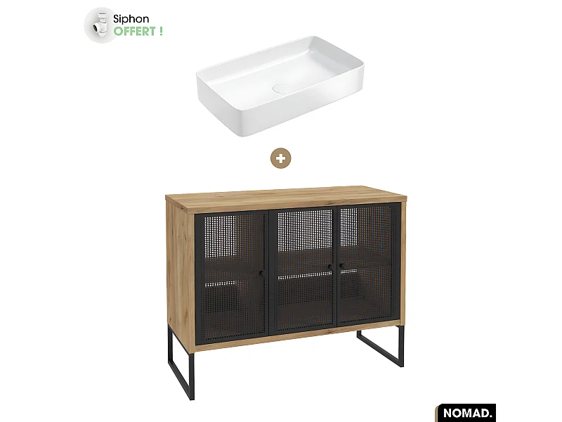 Ensemble meuble sous vasque avec vasque à poser - Siphon OFFERT | NOMAD | OAK | 102 x 80 x 43 cm