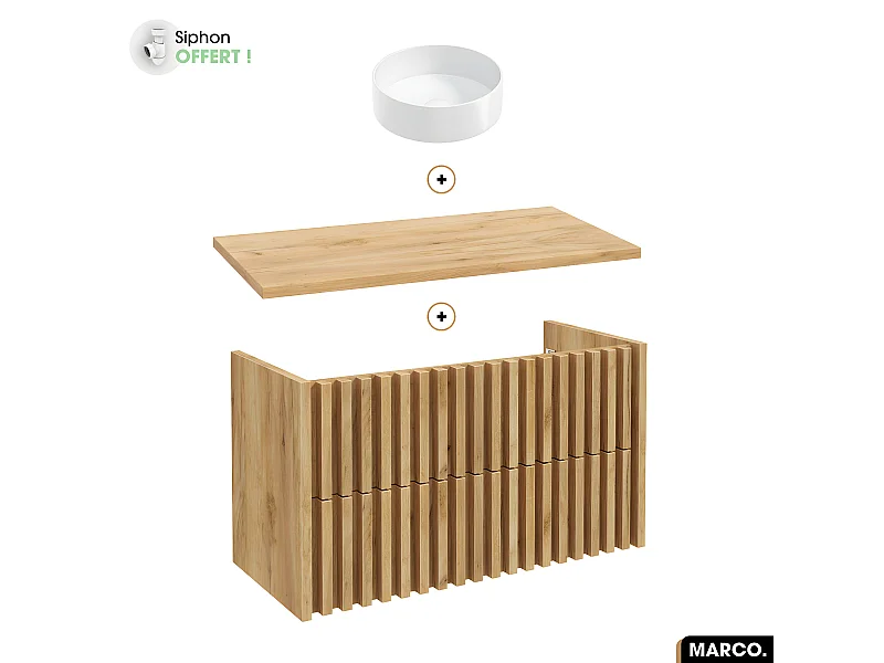 Ensemble meuble sous vasque avec vasque à poser - Siphon OFFERT | MARCO | OAK | 100 x 56 x 45 cm