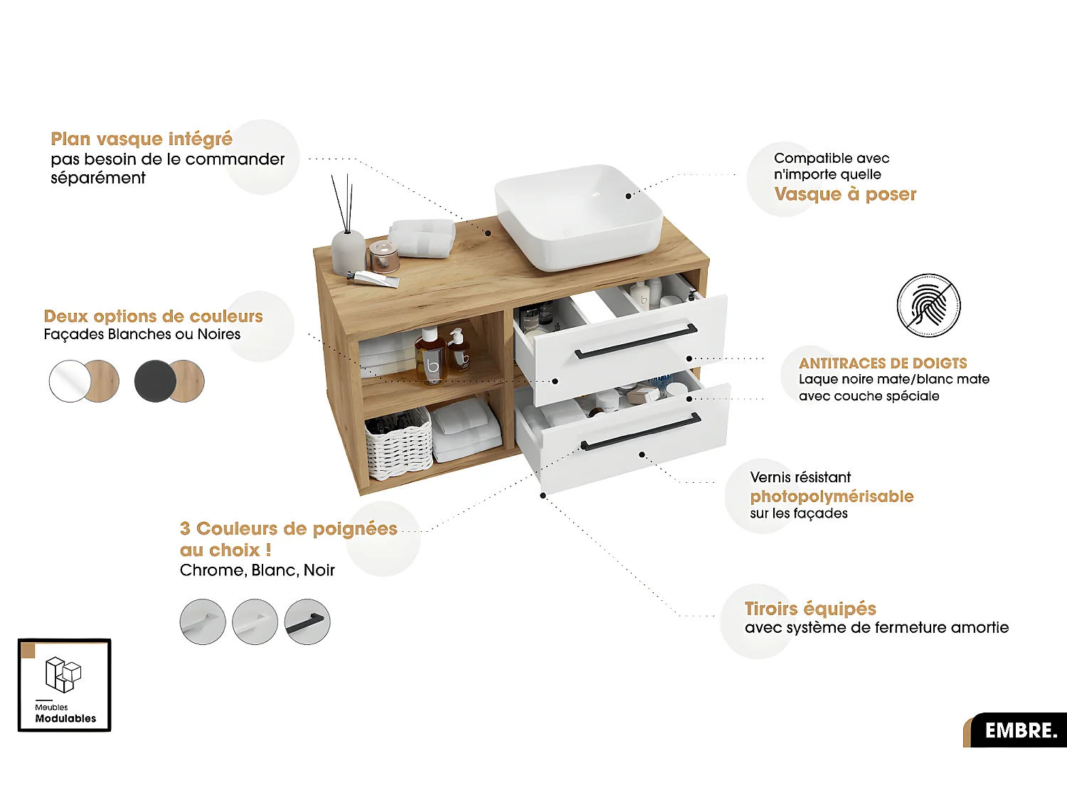 Meuble sous vasque | EMBRE | Noir | 100 x 50 x 45 cm