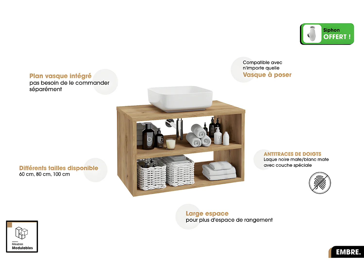 Ensemble meuble sous vasque avec vasque à poser - Siphon OFFERT | EMBRE | OAK | 100 x 50 x 45 cm