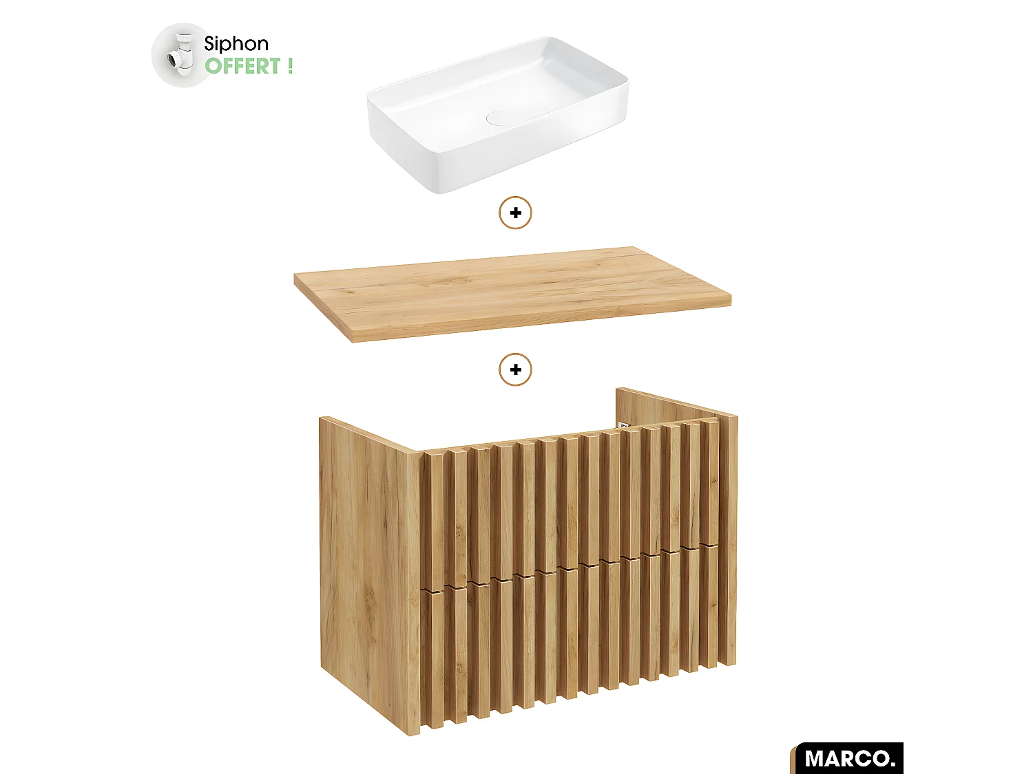 Ensemble meuble sous vasque avec vasque à poser - Siphon OFFERT | MARCO | OAK | 80 x 56 x 45 cm