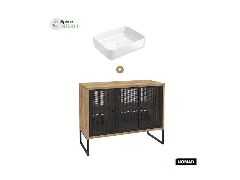 Ensemble meuble sous vasque avec vasque à poser - Siphon OFFERT | NOMAD | OAK | 102 x 80 x 43 cm