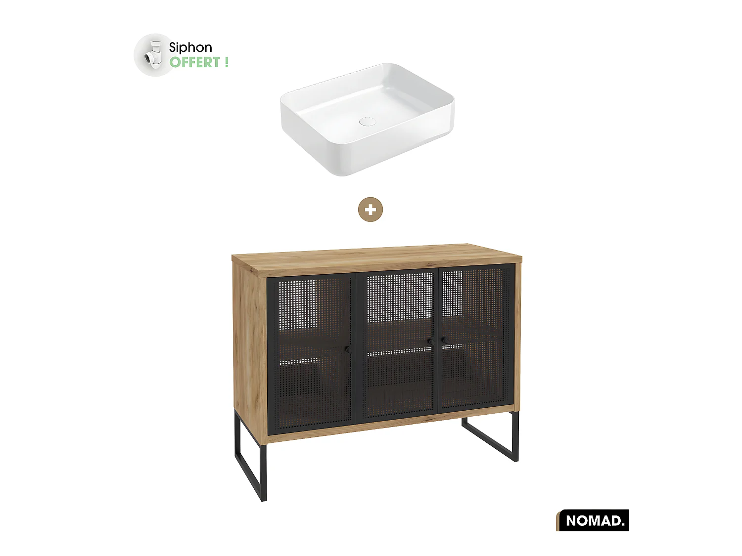 Ensemble meuble sous vasque avec vasque à poser - Siphon OFFERT | NOMAD | OAK | 102 x 80 x 43 cm