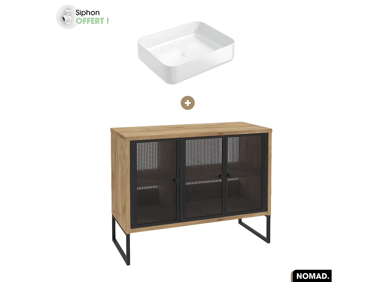 Ensemble meuble sous vasque avec vasque à poser - Siphon OFFERT | NOMAD | OAK | 102 x 80 x 43 cm