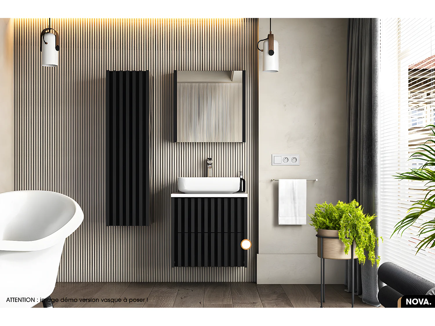 Ensemble meuble sous vasque avec vasque à encastrer - Siphon OFFERT | NOVA | Noir | 60 x 56 x 45 cm