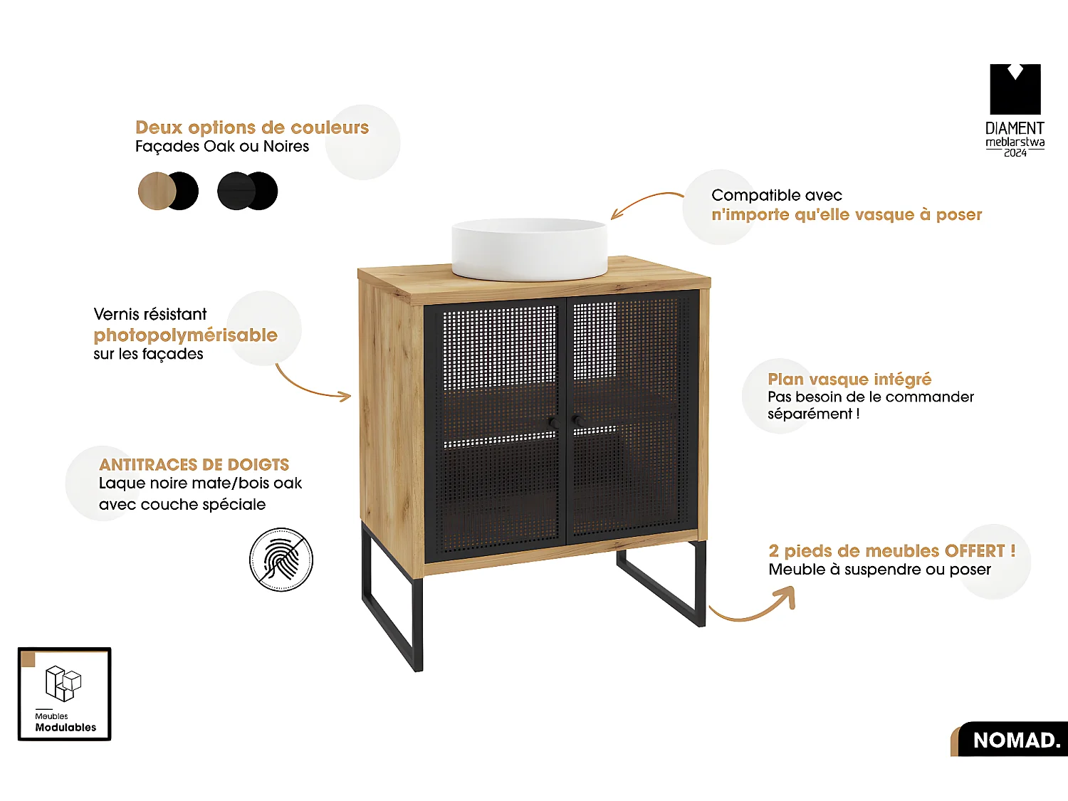 Meuble sous vasque | NOMAD | OAK | 70 x 80 x 43 cm