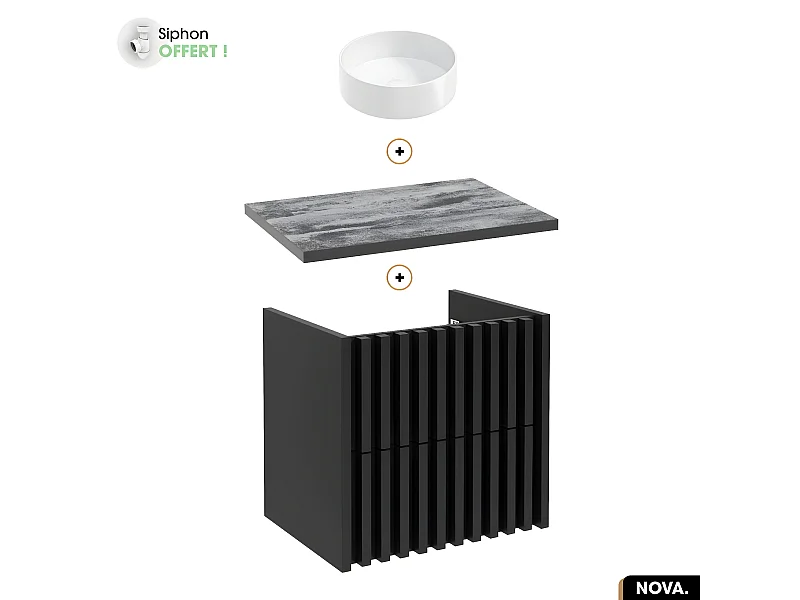Ensemble meuble sous vasque avec vasque à poser - Siphon OFFERT | NOVA | NOIR | 60 x 56 x 45 cm