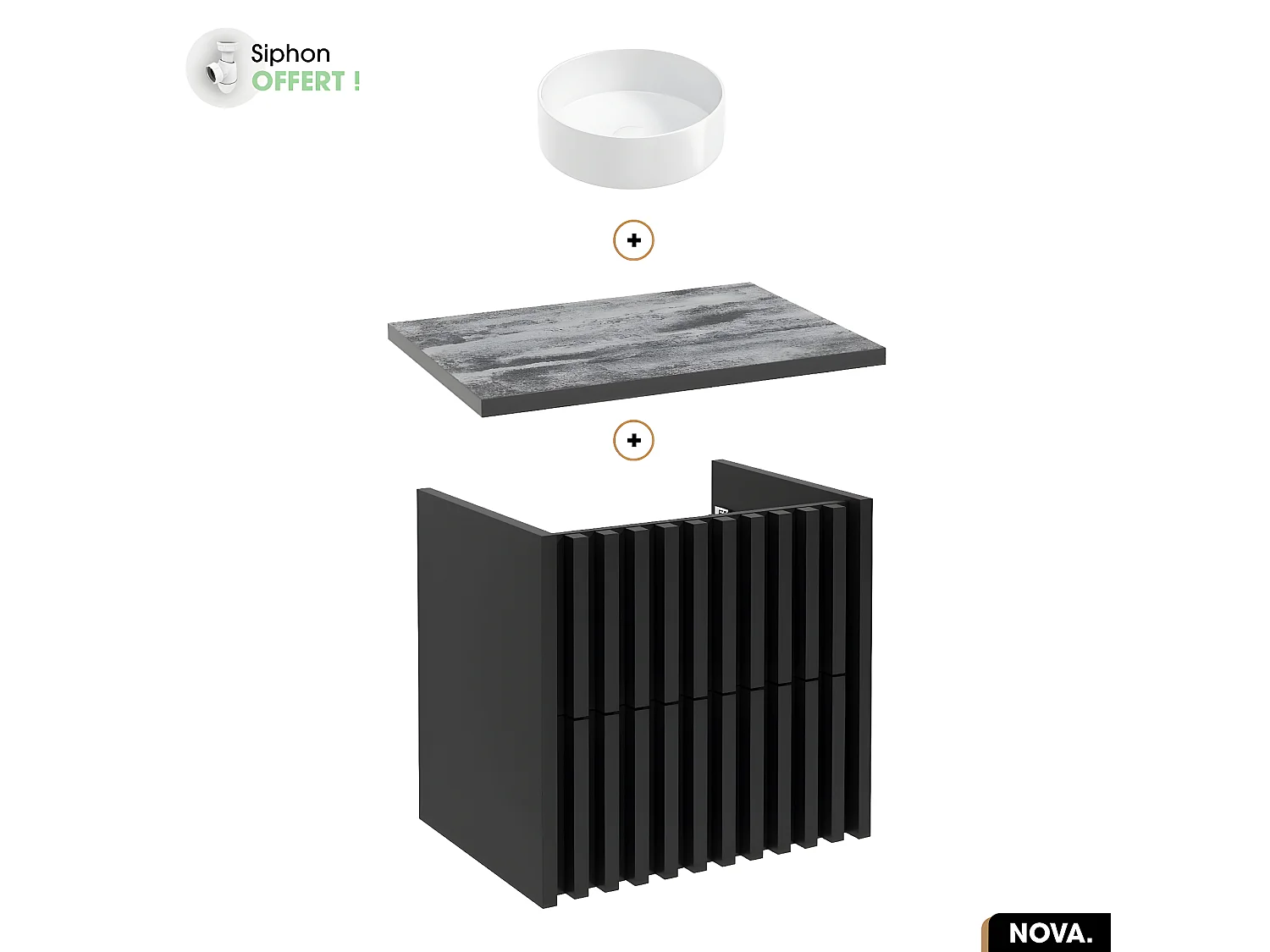 Ensemble meuble sous vasque avec vasque à poser - Siphon OFFERT | NOVA | NOIR | 60 x 56 x 45 cm