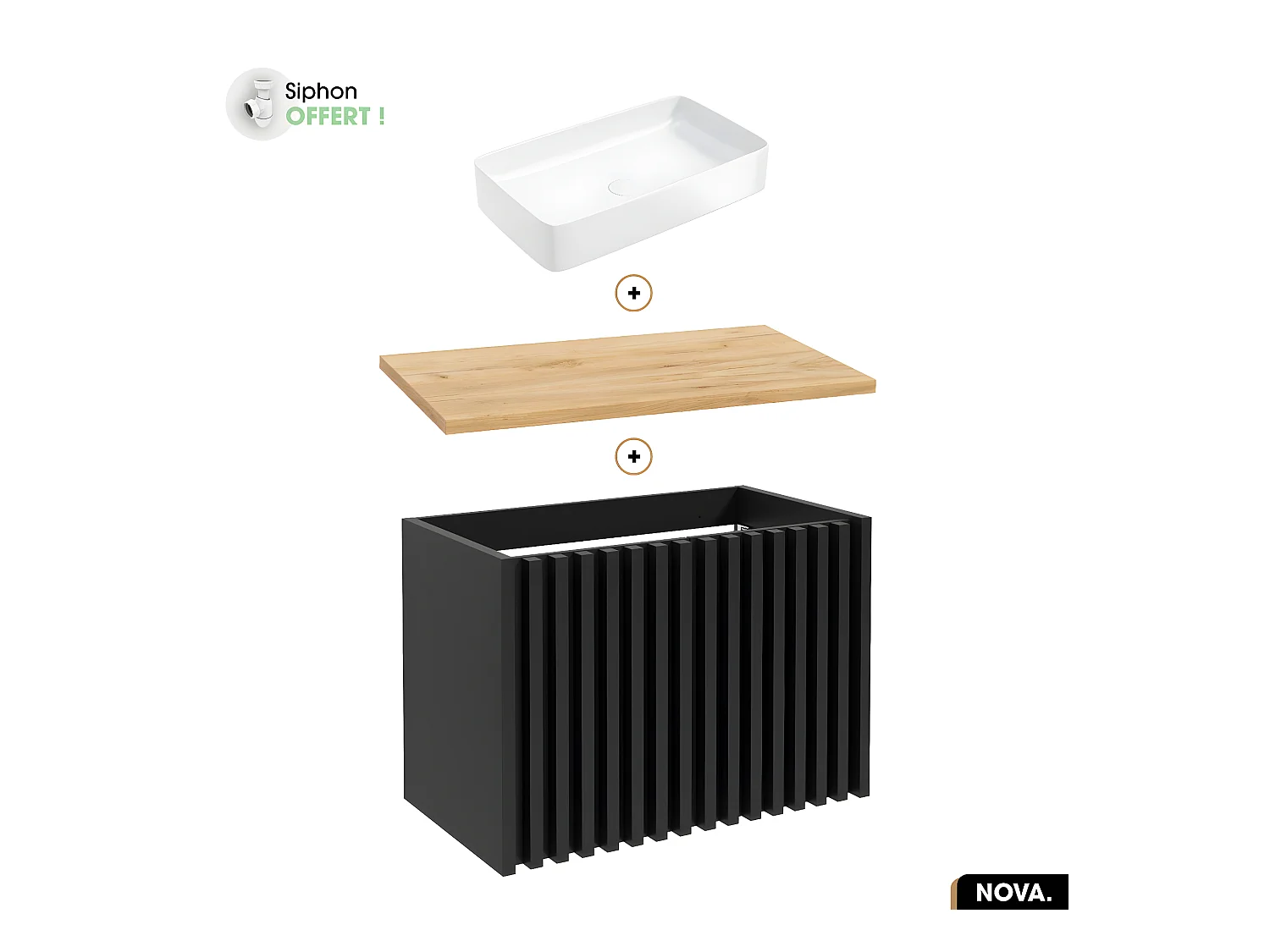 Ensemble meuble sous vasque avec vasque à poser - Siphon OFFERT | NOVA | OAK | 80 x 56 x 45 cm