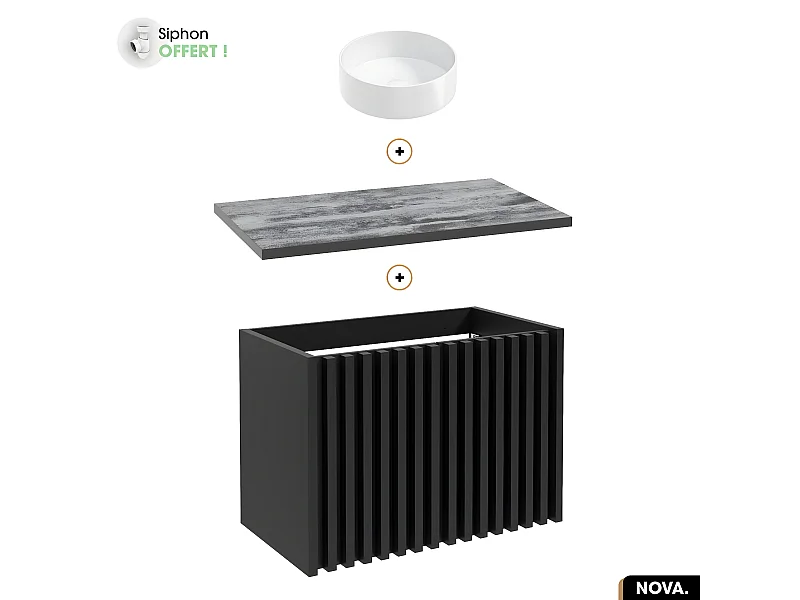 Ensemble meuble sous vasque avec vasque à poser - Siphon OFFERT | NOVA | NOIR | 80 x 56 x 45 cm