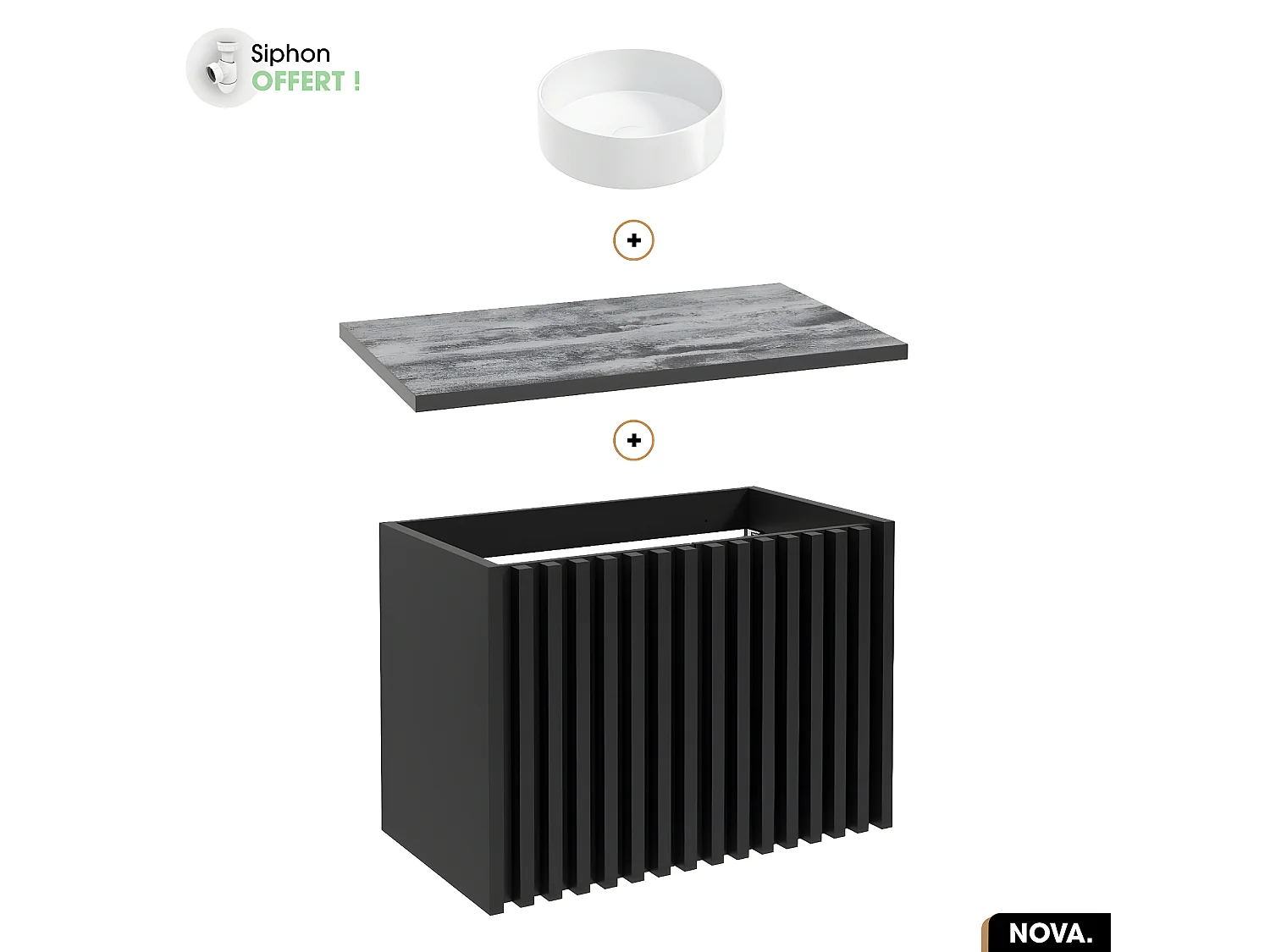 Ensemble meuble sous vasque avec vasque à poser - Siphon OFFERT | NOVA | NOIR | 80 x 56 x 45 cm
