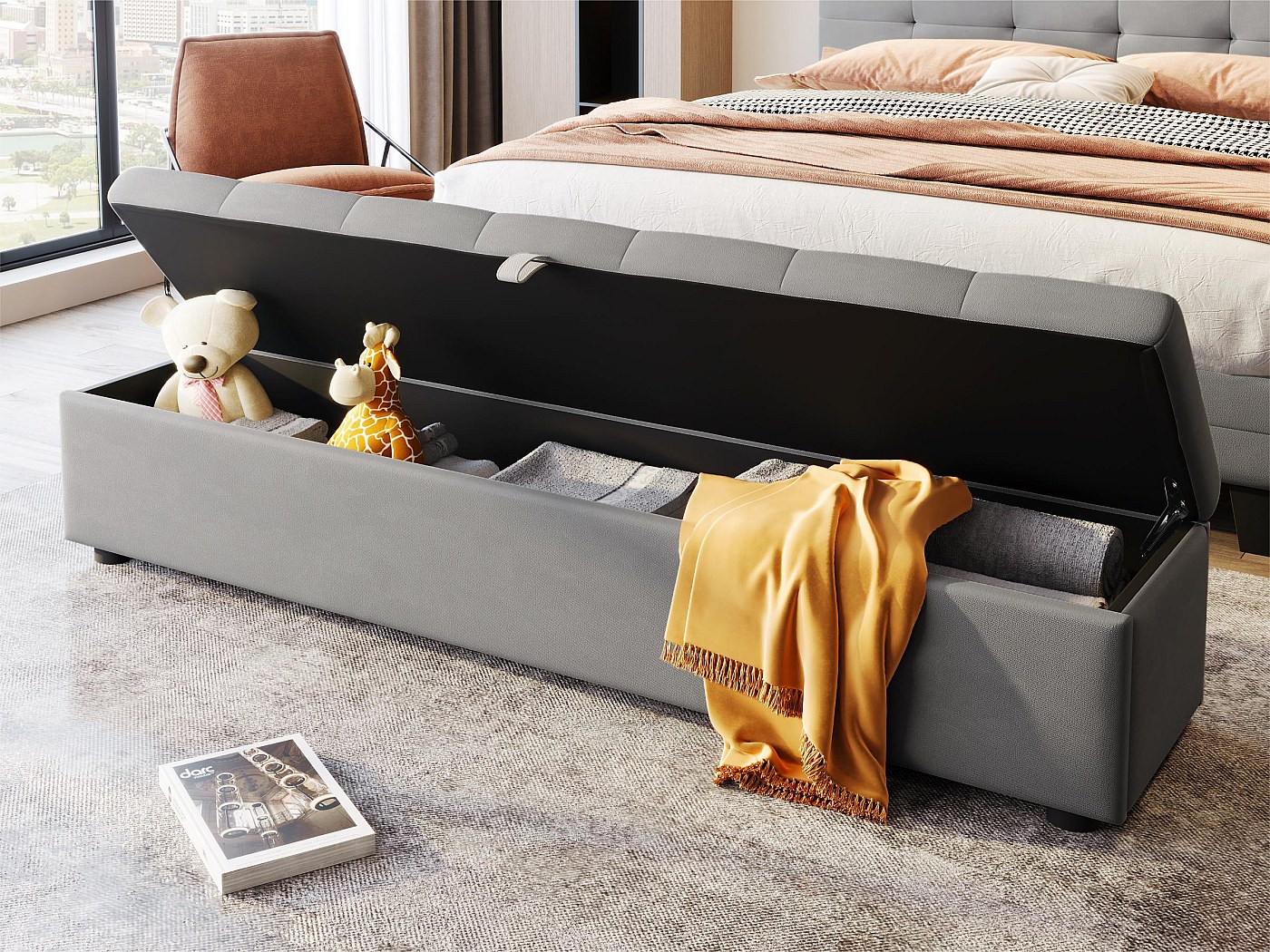 The Living Store Banc avec compartiment de rangement 105 cm Moutarde Velours - Banc Coffre - Banc Velours - Banc Rangement - Meuble D'entrée - Décoration Intérieure