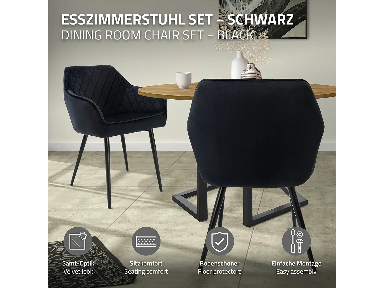 Lot de 6 chaises de salle à manger noir dossier et accoudoirs ergonomiques revêtement en velours respirant pieds noir en acier design moderne