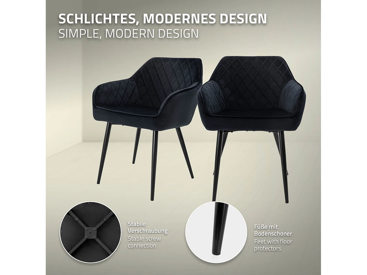 Lot de 6 chaises de salle à manger noir dossier et accoudoirs ergonomiques revêtement en velours respirant pieds noir en acier design moderne