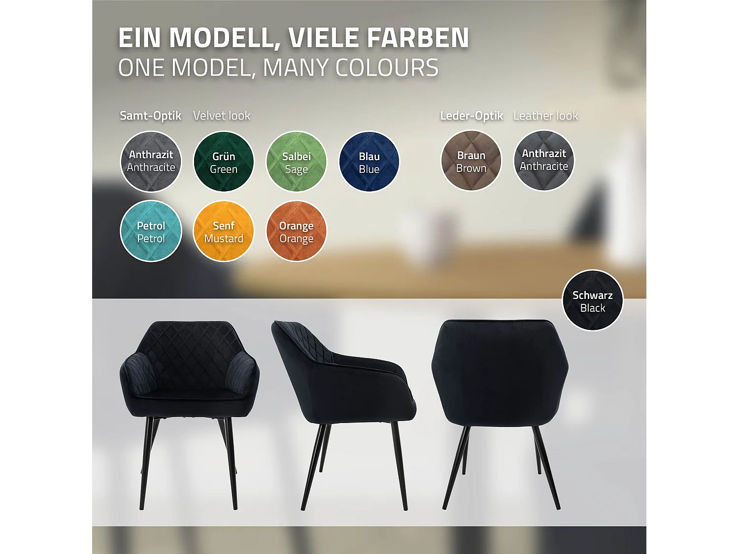 Lot de 6 chaises de salle à manger noir dossier et accoudoirs ergonomiques revêtement en velours respirant pieds noir en acier design moderne