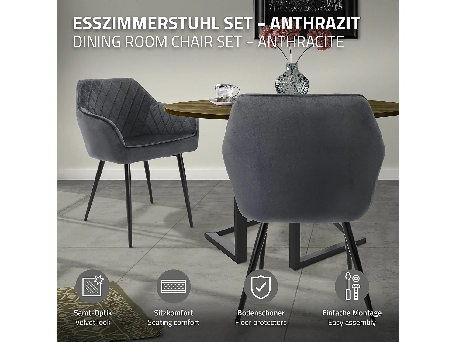 Lot de 6 chaises de salle à manger anthracite dossier et accoudoirs ergonomiques revêtement en velours respirant pieds noir en acier design moderne
