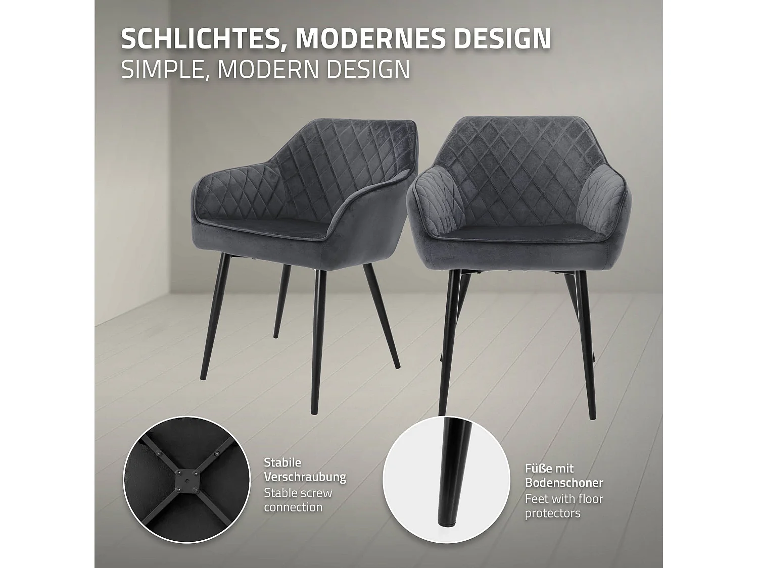 Lot de 6 chaises de salle à manger anthracite dossier et accoudoirs ergonomiques revêtement en velours respirant pieds noir en acier design moderne