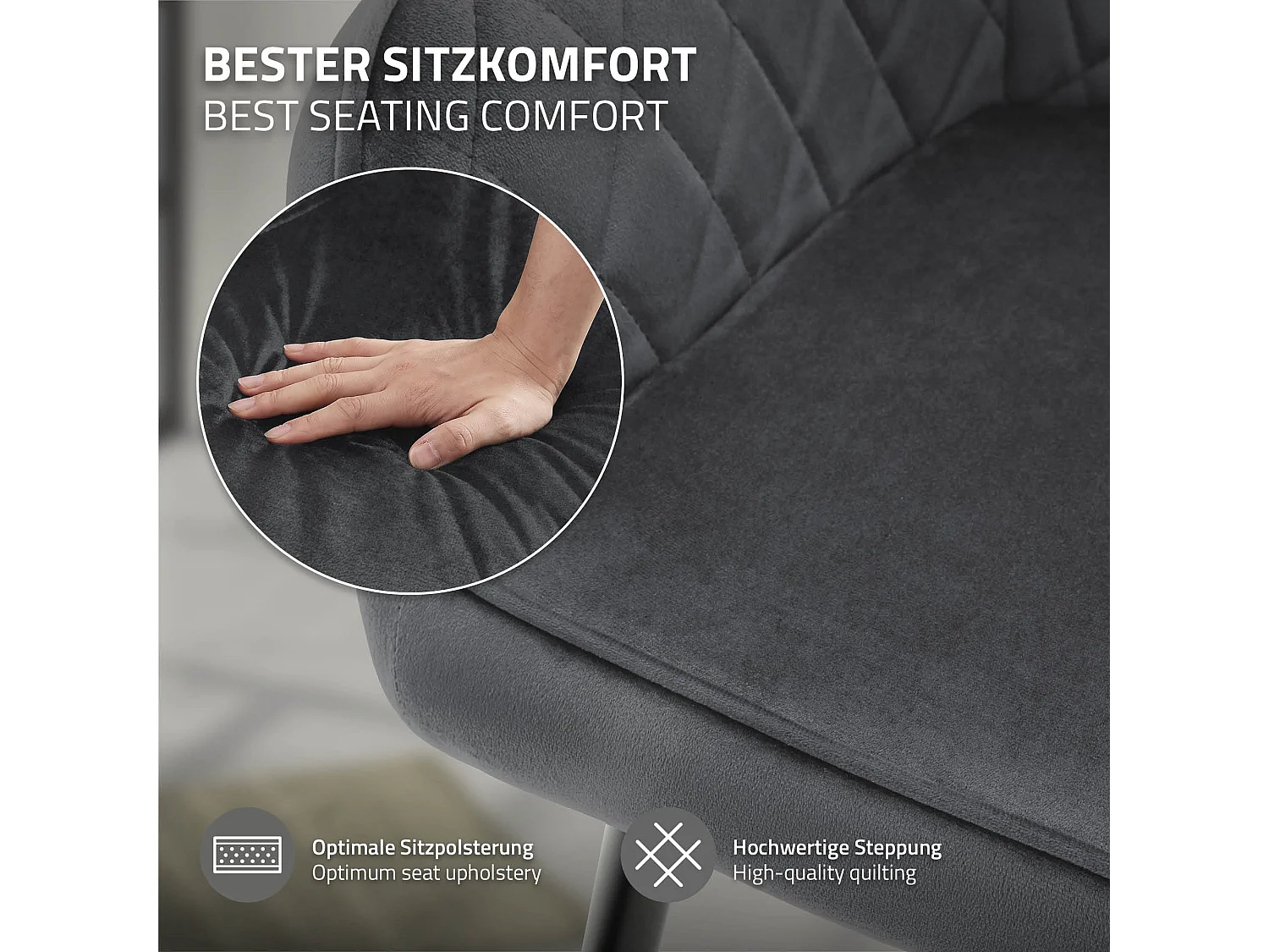 Lot de 6 chaises de salle à manger anthracite dossier et accoudoirs ergonomiques revêtement en velours respirant pieds noir en acier design moderne