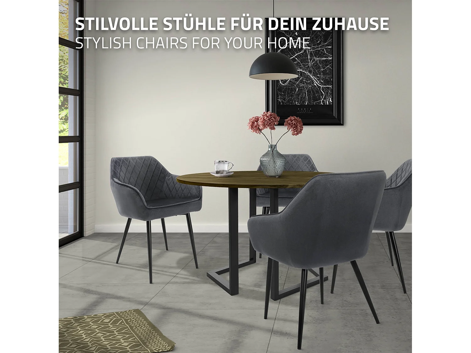 Lot de 6 chaises de salle à manger anthracite dossier et accoudoirs ergonomiques revêtement en velours respirant pieds noir en acier design moderne