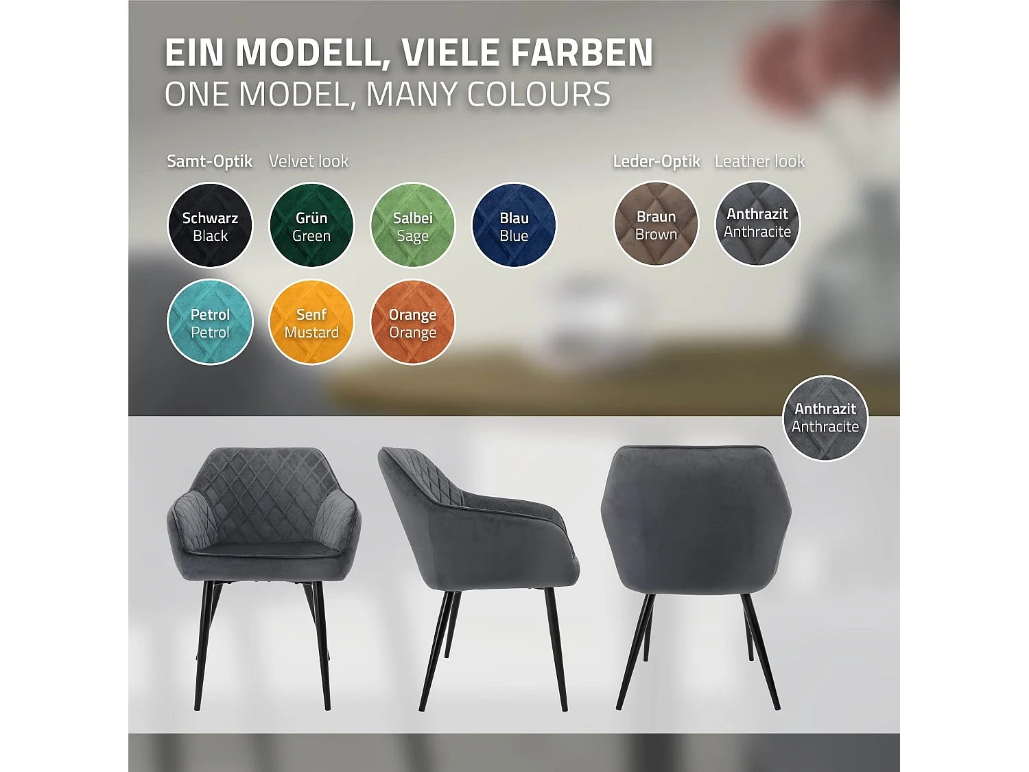 Lot de 6 chaises de salle à manger anthracite dossier et accoudoirs ergonomiques revêtement en velours respirant pieds noir en acier design moderne